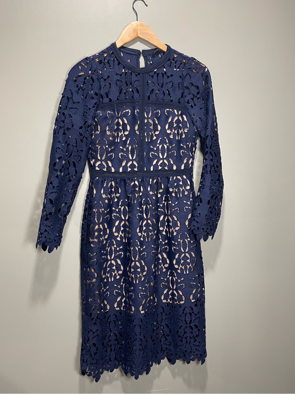 Zara Navy Blue Long-Sleeve Lace Midi Dress